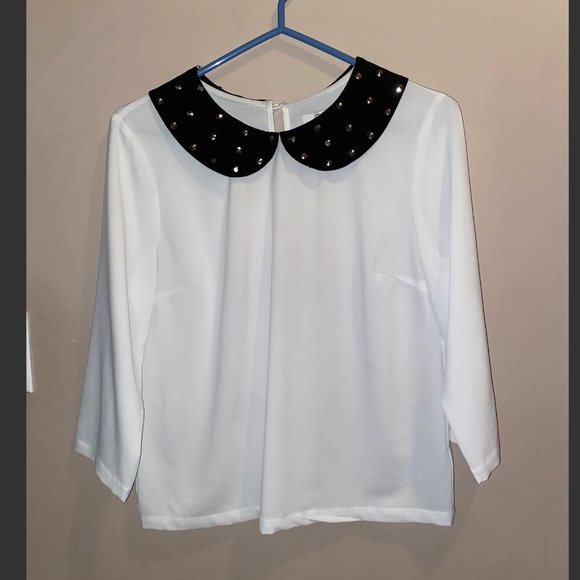 Forever 21 White work blouse, black collar with studs - Picture 1 of 3